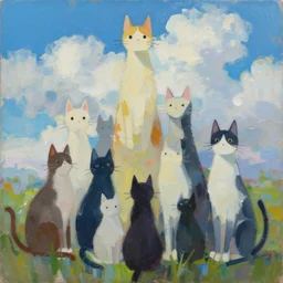 contemporary semi abstract acrylic painting of really tall sitting cats by makoto shinkai, thick brush strokes and visible paint layers, glistening clouds in background