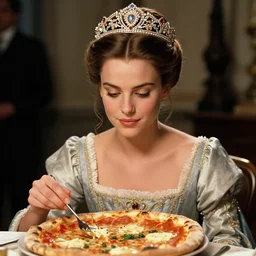 sharing a pizza, young sophia loren, movie star, dressed up as queen margherita of savoy, beautiful ornamented tiara, stunning dress, smooth lighting, exquisit detail, masterpiece, timeless, historical behind the scenes photo by letizia battaglia