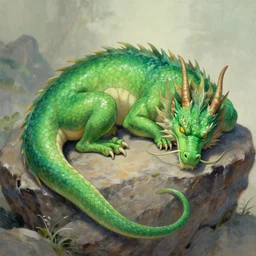 an illustration of a western style green dragon sleeping on a rock, beautiful vivid emotional painting