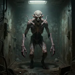 an eldritch humanoid scp creature in a dirty containment cell with faint light, by Zdzislav Beksinski and Esao Andrews, creepy, horror, featured on artstation, ultra detailed