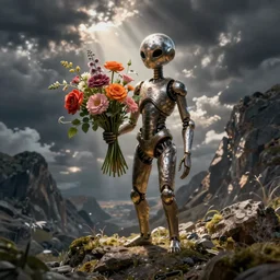 extraterrestrial gentlemen holds a bunch of flowers, artstation, kinkade