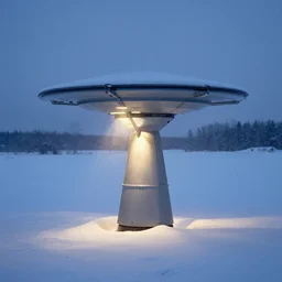 teleportation machine in a snowy landscape, light shining from the machine and illuminating the snow by thomas kinkaid