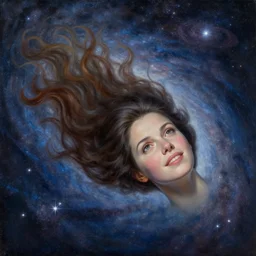 a woman floating in space whose hair trails off into the milky way. stars and swirls of light. beautiful detailed face, hopeful expression. beautiful well composed uplifting painting with dramatic lighting by ilya kuvshinov and artgerm and greg rutkowski