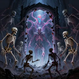 merge skeletons in the hundeds reaching out the borken portal to hell, artwork by beksinski gammell mcfarlane giger realsistic horror, wispy prismatic neon ink horrors, fluorescent matte painting glow in the dark