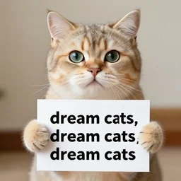 realistic high quality photo of a cute cat holding a sign with text that reads : dream cats, dream cats, dream cats
