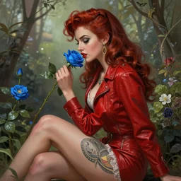 red jacket tattooed pinup american girl sits on a garden smelling a blue rose, deep focus, turnaround, fantasy, intricate, elegant, highly detailed, digital painting, artstation, concept art, matte, sharp focus, illustration, hearthstone, art by artgerm and greg rutkowski and alphonse mucha.