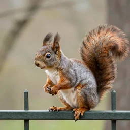 an amateur 1 9 9 4 3 d rendering of big - headed squirrel on a fence