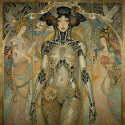 breathtaking detailed hellbllade chines girl cyborg concept art painting art deco pattern of birds goddesses amalmation flowers, by hsiao ron cheng, tetsuya ichida, bizarre compositions, exquisite detail, extremely moody lighting, 8 k, art nouveau, old chines painting