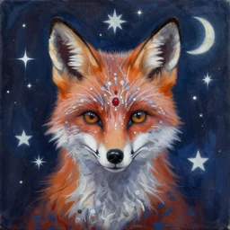 a character portrait of a being with a fox sugar skull face, themed on the stars and moon, painting by jeff easley