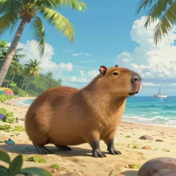 “studio ghibli, tropical beach with capybara, optimist future by Asher durand, intricate artwork by tooth wu and wlop and beeple and Dan Mumford and Greg rutkowski and nekroxiii, octane render, cinematic, hyper realism, 8k, vibrant”