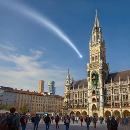 , city of munich!!!, huge bright comet falling from the skies with smoke trail!!!, people in panic!!, hyperrealistic, highly detailed, cinematic, daylight, beautiful, cgssociety, artstation, 8 k, oil painting by greg rutkowski, by artgerm, by wlop