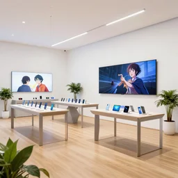 pbr materials ( ( ( minimalist neon flagship samsung store, white walls. oak floor. hanging lights. geometric furniture, large digital screens. display tables with phones and tablets, verdant plants ) ) ) concept art,, john berkey, beeple, wlop, makoto shinkai, yoji shinkawa, wadim kashin, artstation, 4 k