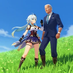 photorealistic Joe Biden meets a beautiful anime swordfighter girl with white hair on a bright green grassy hill with a deep blue sky in Genshin Impact, pixiv, game art, digital art, anime screenshot, kyoto animation, makoto shinkai, trending on artstation