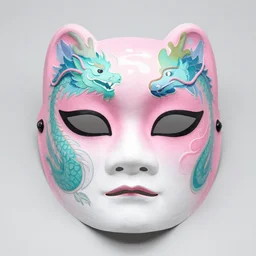 hannya mask with dragon in back ground pink and teal color scheme