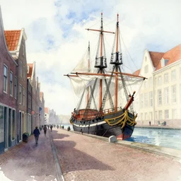 old batavia street by the docks, 1 8 th century ships, summer, watercolor light color on artstation