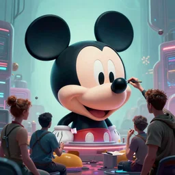 a group of people repairing the head of mickey mouse, cyberpunk art by beeple, cgsociety, retrofuturism, dystopian art, concept art