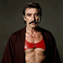 The full figure portrait is of the actor sean connery. He is wearing the red leather mankini from the film zardoz beneath the robes of the imperial emperor from star wars. He has a thick black moustache and a long plait of hair. His skin is pale and wrinkled, his eyes are red rimmed and sunken, by Mark Mann and Steve McCurry. Rembrandt with a honeycomb. Nikon D850. Sigma 85mm F1.4 DG HSM A. Aperture f/3.5. Shutter speed 1/60. ISO 1600