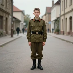 A Boy in a military uniform, standing in the middle of the street, in a town, by Greg rutkowski, 4k, trending on artstation