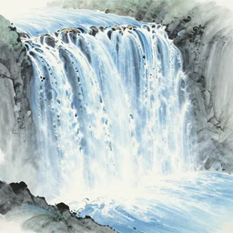 an endless waterfall, blue colour splash, painted with a thin brush, detailed sumi-e illustration