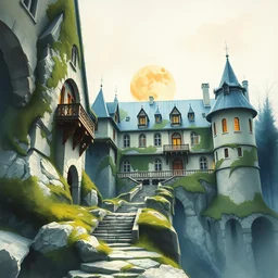 abstract watercolor painting of hedonic scandinavian palace, in stone and marble, covered in moss, magical and traditional, runes, cinematic light, national romanticism by anders zorn, by greg rutkowski, by greg manchess