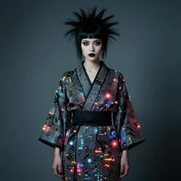 Portrait of a punk goth fashion fractal cosmonaut girl wearing kimono made of circuits and leds, surreal photography by Man Ray