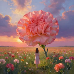 giant carnation flower head, girl in a flower field, surreal photography, sunrise dramatic light, impressionist painting, colorful clouds, digital painting, artstation, simon stalenhag, flower face