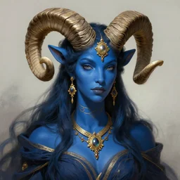 a beautiful woman with deep blue skin, big natural ram horns on her head, flowing dress, gold jewellery, dnd, face, fantasy, intricate, elegant, highly detailed, digital painting, artstation, concept art, smooth, sharp focus, illustration, art by artgerm and greg rutkowski and alphonse mucha