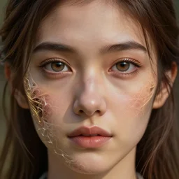 close look of human face with fractal deformation, realistic eyes, brown hair, beautiful graphics, fantasy artwork, very beautiful scenery, hd, hdr, ue 5, ue 6, unreal engine 5, cinematic 4 k wallpaper, 8 k, ultra detailed, by popular digital, details, beautiful image ever created, high resolution, artstation, award winning
