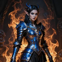 Gothic elf princess in dark and blue dragon armor. By Konstantin Razumov, Fractal flame, chiaroscuro, holographic!!!, highly detailded