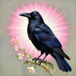 portrait of raven bird, flowers, pink spike aura in motion, floating pieces, painted art by tsuyoshi nagano, greg rutkowski, artgerm, alphonse mucha, spike painting