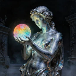 a neoclassicist sci - fi portrait of a chrome marble sculpture holding a dimly glowing rainbow orb in a dark moonlit courtyard at night. iridescent textures. glowing fog, black background. highly detailed fantasy science fiction painting by moebius, norman rockwell, frank frazetta, and syd mead. rich colors, high contrast, gloomy atmosphere, dark background. artstation