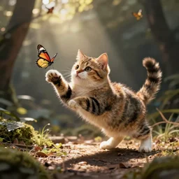 a cute calico cat pouncing a butterfly artstation, cgsociety, storybook art