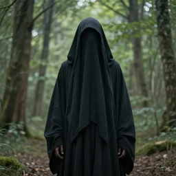 faceless grim reaper with veil over face at far distance in beautiful forest, detailed pencil illustration by gustave dore, highly detailed, centered, high resolution, smooth, sharp focus, illustration