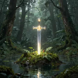 rainy forest with an island in a pond, holy glowing sword stuck in island, moody high exposure, digital painting, concept art, photoshop speedpaint