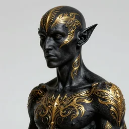 androgynous male drow with onyx skin, iridescent intricate glittering golden tattoos, d & d, fantasy, intricate, elegant, highly detailed, digital painting, artstation, concept art, matte, sharp focus, illustration, hearthstone, art by bouguereau and artgerm and greg rutkowski and alphonse mucha