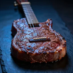 A perfectly guitar shaped perfectly cooked rare steak, blue meat, food photography, 35mm, macro