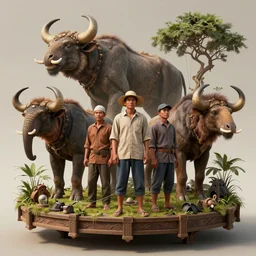 an intricate concept art, illustration, filipino farmers standing on platform, megafauna, ultra photorealistic, ultra sharp, artstation, cgsociety, masterpiece, octane render, by wylop, 8 k