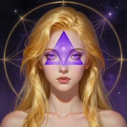 centered head and shoulders portrait of a gallent golden haired girl with open purple third eye chakra, geometric third eye triangle, sci - fi face, cosmic geometry space background, breathtaking stars, elegant, highly detailed, digital painting, artstation, concept art, smooth, sharp focus, illustration, anime asthetic, art by artgerm and greg rutkowski and alphonse mucha