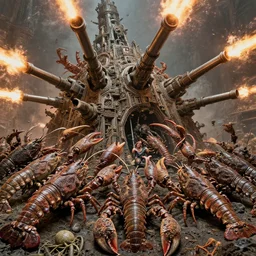 inks of varied filthy rugated armored crustaceans, chaotic clawing & terrified as massive brutalist structure, claustrophobic drag race, clustered back cannons firing meteors, by geof darrow, vincente b ballestar, by francesco blanc, & by jack gaughan high resolution, hyper detailed, cinematic, ornate masterpiece, shot on imax with full frame on