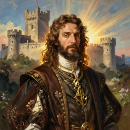 a portrait of a noble lord in a scenic environment by josan gonzalez and moebius, castle in the background