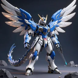 a blue and white winged humanoid mecha dragon, octane render, photorealistic, 3D