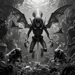 xenomorph greeting ocean divers emerging from the walls of a sunken tunnel rotting, helmet, beksinski, bruehgel, black and white, great winged demon, manta rays, detailed background, photograph, masterpiece, alien bifurcated hydromedusa gel shell