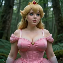 intricate real life princess peach, tight push up bra, really large bust, forest, cinematic, aesthetics, full pov