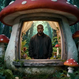 Kanye West standing behind the window of his little mushroom house, magical forest, Alena Aenami