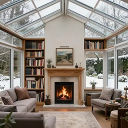 beautiful cozy home library in a glass conservatory, fireplace, snowy garden, interior design