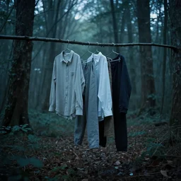 clothes on a hanger in a lonely eery forest, fever dream, award winning photography, dreamcore, weirdcore