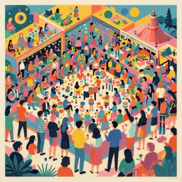 an incredibly well designed party poster of a massive party crowd, risograph by kawase hasui, yoshiyuki sadamoto, tadayoshi yamamuro, jean giraud, studio ghibli, moebius and edward hopper, colorful flat surreal design, colorful flat surreal design, super detailed, a lot of tiny details, fullshot, isometric angles, xray hd, 8 k, artstation