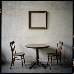kodak portra 4 0 0, 8 k, highly detailed, britt marling style, award winning colour still - life portrait of a concrete wall with a square pictureframe in the middle and one table, one chair on the floor, 1 9 2 0 s style