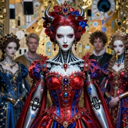 a masterpiece ultradetailed art of a beautiful evil cruel girl - cyborg baroque renaissance. red - blue color scheme. medium shot, intricate, elegant, highly detailed, by stanley artgerm lau, wlop, rossdraws, james jean, andrei riabovitchev, marc simonetti, background by james jean and gustav klimt, light by julie bell, 4 k, porcelain skin.