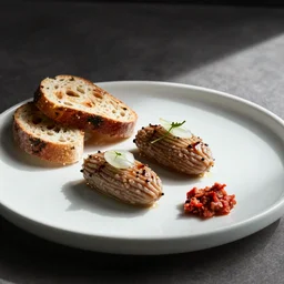 Ćevapi with lepinja bread, onions and ajvar elaborately served in a Michelin star restaurant, professional food photography, Canon EOS 5D Mark II | 42mm | f/4.0 | 1/1250s | ISO 125